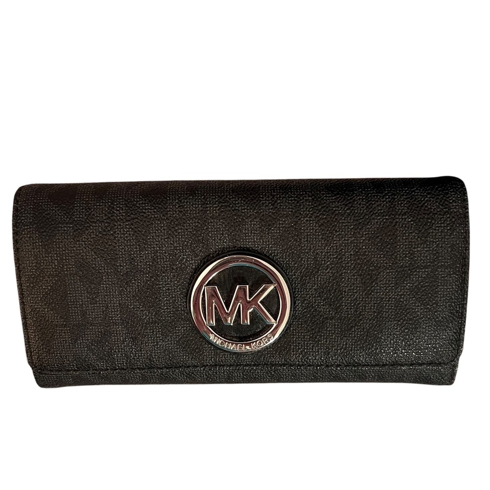 Michael‎ Kors MK Logo Black Continental Wallet Snap Clutch Organizer